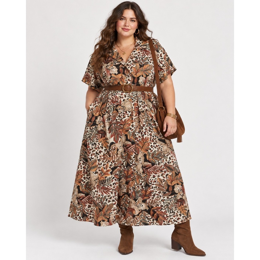 Vintage 90s 22W Cotton Safari Maxi Dress Leopard Floral Made In USA Button Front